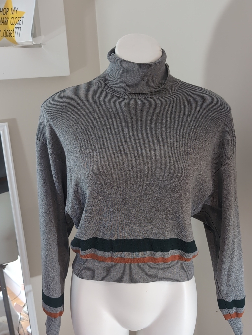 Gray Turtleneck Sweater with Green and Brown Stripe Detail